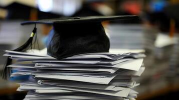 un graduación soltero gorra en un apilar de papel, nuevo graduado trabajo caza concepto. foto