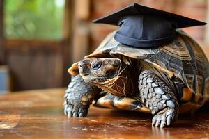 A turtle wearing a bachelor cap for graduation concept. photo