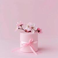 Pink gift box with spring flowers on pink background. photo