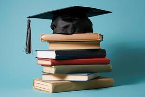 un graduación soltero gorra en un apilar de libro, conocimiento y educación concepto. foto