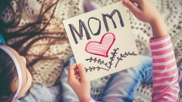 Little girl giving her hand writing greeting card to her mom. photo