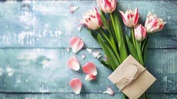 saludo tarjeta y flor ramo de flores para de la madre día diseño concepto. foto