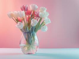 Mother's day colorful background concept with tulip flower in a glass vase. photo