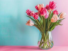 Mother's day colorful background concept with tulip flower in a glass vase. photo