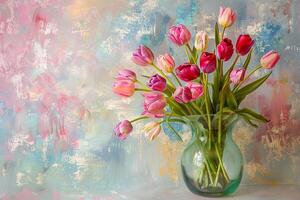 Mother's day colorful background concept with tulip flower in a glass vase. photo