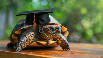 A turtle wearing a bachelor cap for graduation concept. photo