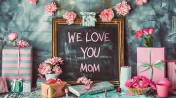 Mother's Day gift and greeting message in a small black board. photo