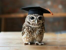 un búho vistiendo un soltero gorra para graduación concepto. foto