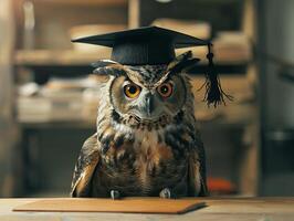 un búho vistiendo un soltero gorra para graduación concepto. foto