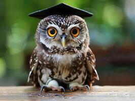 un búho vistiendo un soltero gorra para graduación concepto. foto