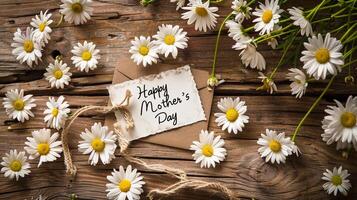 Heartwarming handwritten greeting card surrounded with vibrant white daisies. photo