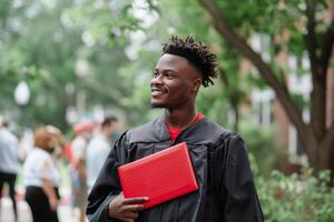 A man wearing graduation gown and holding diploma for ceremony celebration. photo