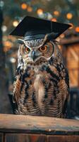 un búho vistiendo un soltero gorra para graduación concepto. foto