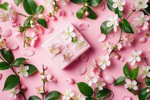 Pink gift box with spring flowers on pink background. photo