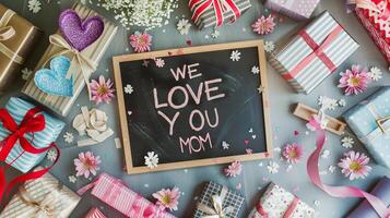 Mother's Day gift and greeting message in a small black board. photo