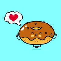 chocolate rosquilla haciendo yoga con habla burbuja. mano dibujado dibujos animados kawaii personaje ilustración icono. aislado en azul antecedentes. chocolate rosquilla en amor personaje concepto vector