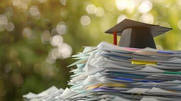 un graduación soltero gorra en un apilar de papel, nuevo graduado trabajo caza concepto. foto