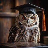 An owl wearing a bachelor cap for graduation concept. photo