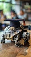 A turtle wearing a bachelor cap for graduation concept. photo