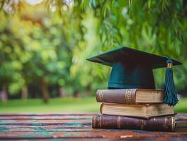 A graduation bachelor cap on a stack of book, knowledge and education concept. photo