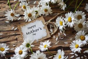 Heartwarming handwritten greeting card surrounded with vibrant white daisies. photo