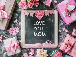 Mother's Day gift and greeting message in a small black board. photo