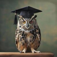 An owl wearing a bachelor cap for graduation concept. photo