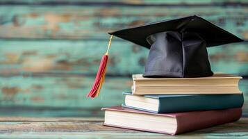 un graduación soltero gorra en un apilar de libro, conocimiento y educación concepto. foto