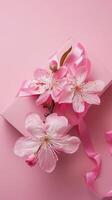 Pink gift box with spring flowers on pink background. photo