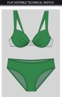 Green bikini with a black and white design flat sketch. vector