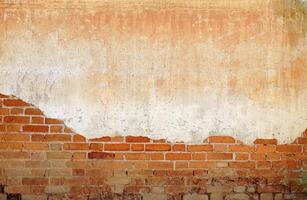 Brick wall background of an old wooden house, a popular check-in spot in Chiang Khan District, Loei Province, upper northeastern region of Thailand. photo