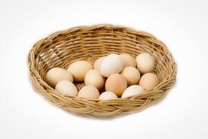 Organic chicken eggs in a bamboo basket on a white background are eggs that come from chickens raised on organic food. They do not contain toxic residues that are harmful to the body. photo