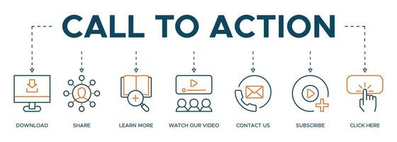 llamada a acción bandera sitio web icono ilustración concepto con icono de descargar, compartir, aprender más, reloj , contacto a nosotros, suscribir, y hacer clic aquí vector