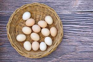 Organic chicken eggs in a bamboo basket on wood pattern are eggs that come from chickens raised on organic food. They do not contain toxic residues that are harmful to the body. photo