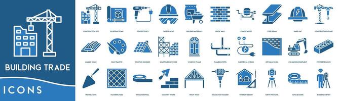 Building Trade icon line. Construction Site, Blueprint Plan, Power Tools, Safety Gear, Building Materials, Brick Wall, Cement Mixer, Steel Beam, Hard Hat icon set vector