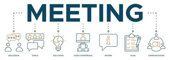 Meeting banner web icon illustration for business meeting and discussion with communications, topics, solutions, plan and inform vector