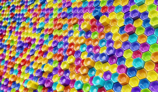 Abstract row of rainbow colorful futuristic objects background 3d rendering photo