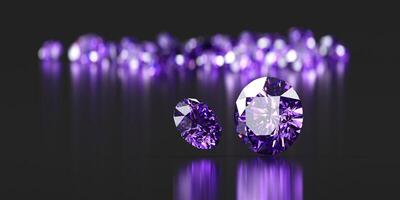 Amethyst purple diamonds group placed on glossy background 3d Rendering Soft Focus photo