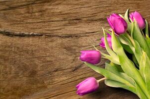 Bouquet of beautiful tulips on wooden background. Tulips on old boards photo