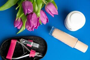 Stylish Mother's Day gift idea. Top view flat lay of high-heels photo