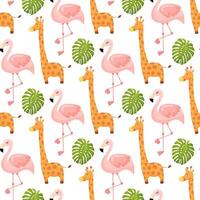 Flamingo and Giraffe Cute Seamless Pattern, Animal Summer Wallpaper Background, vector