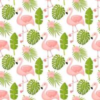 Beautiful seamless floral summer pattern background with tropical palm leaves, flamingo, hibiscus. Perfect for wallpapers, web page backgrounds, surface textures, textile. vector