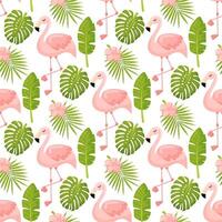 Beautiful seamless floral summer pattern background with tropical palm leaves, flamingo, hibiscus. Perfect for wallpapers, web page backgrounds, surface textures, textile. vector