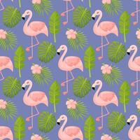 Beautiful seamless floral summer pattern background with tropical palm leaves, flamingo, hibiscus. Perfect for wallpapers, web page backgrounds, surface textures, textile. vector