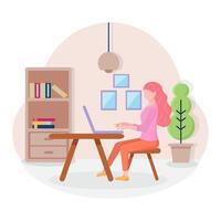 Work at home concept design. Freelance woman working on laptop at her house. Online study, education. vector