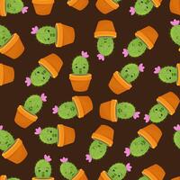 Seamless pattern with cute kawaii cactus and succulents with funny faces in pots. vector