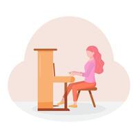 Young woman playing piano. Female pianist, musician or composer isolated on white background. Happy girl enjoying her hobby. Music performance or concert. vector