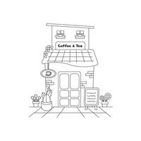 ilustración. pequeño negocio fachadas plano conjunto con panadería café tienda. mano dibujado línea Arte ilustración. vector