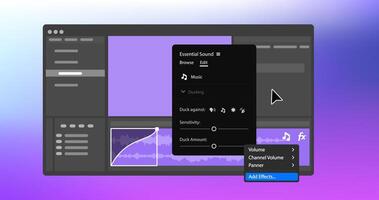 Interactive Fade Handles on audio clips. Timeline in editor. Essential Sound menu Panel. illustration vector