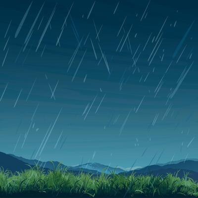Raining in countryside landscape have glass fields, mountain range and dusk sky background flat design graphic illustration have blank space.